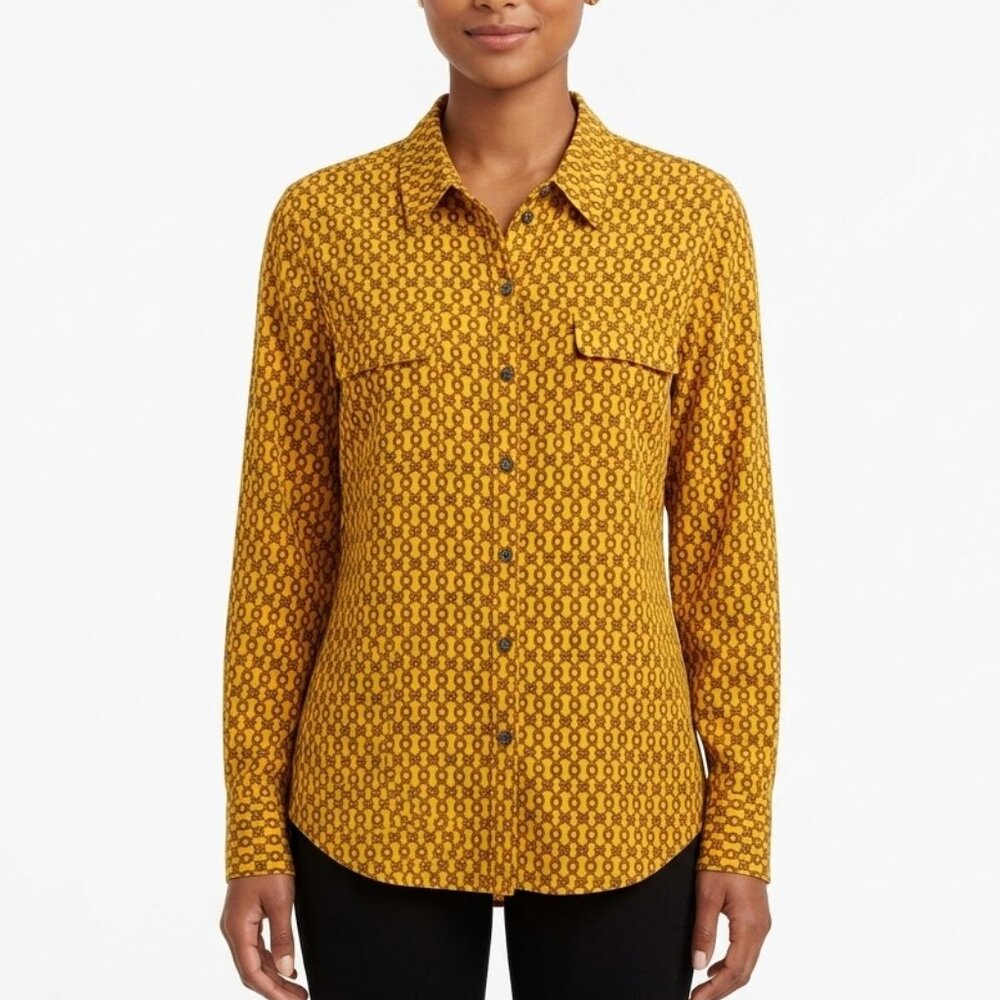 TWO by Vince Camuto Retro Chain Print Button Down Shirt Mustard Yellow XL